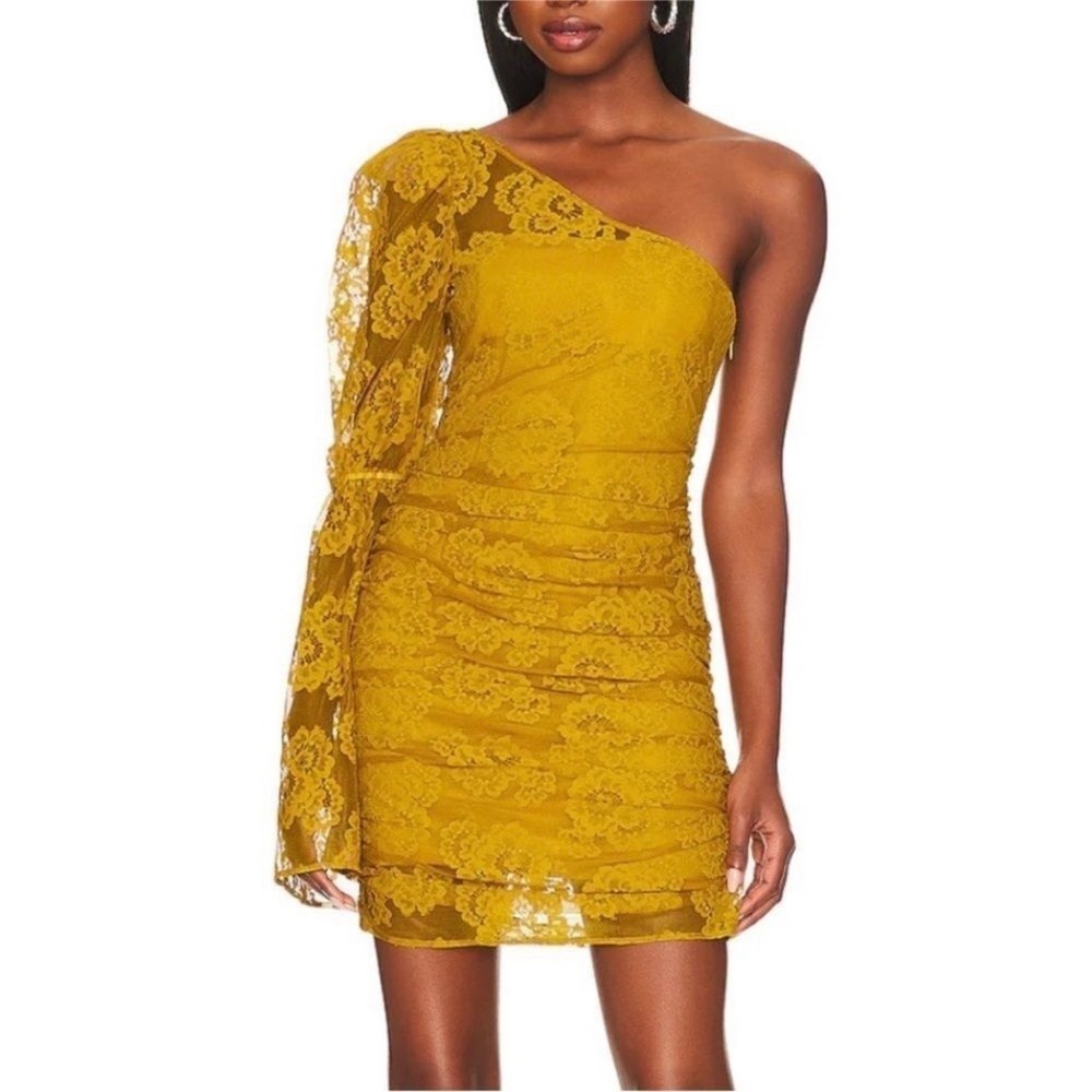 For Love & Lemons Yellow Tianaโ Lace One Shoulder Mini Dress Size Medium NWT